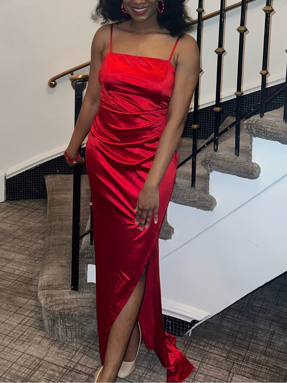 Emerald Sundae Red Satin Spaghetti-Strap Maxi Dress